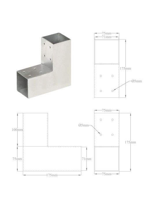 Tolppaliitin L-muoto galvanoitu metalli 71x71 mm