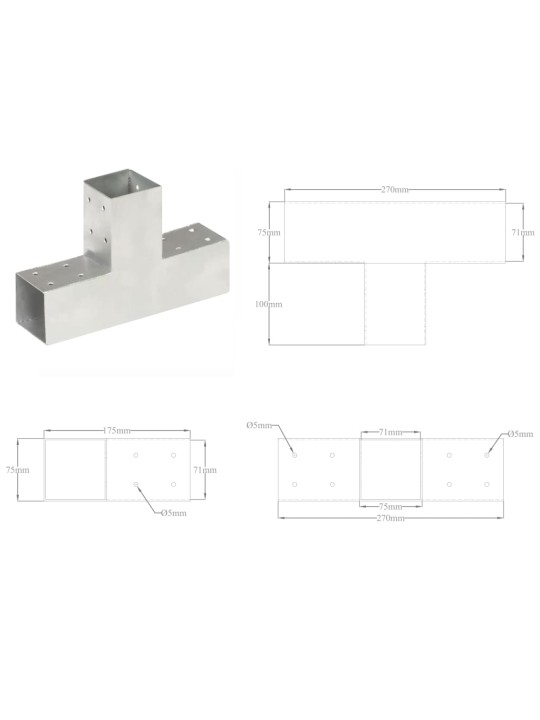 Tolppaliitin T-muoto galvanoitu metalli 71x71 mm