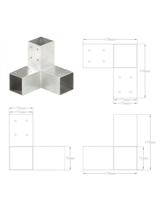 Tolppaliitin Y-muoto galvanoitu metalli 71x71 mm