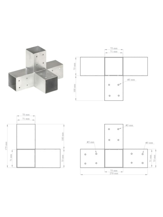 Tolppaliitin X-muoto galvanoitu metalli 71x71 mm