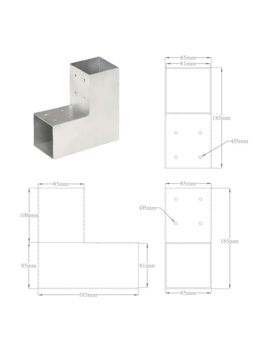 Tolppaliittimet 4 kpl L-muoto galvanoitu metalli 81x81 mm