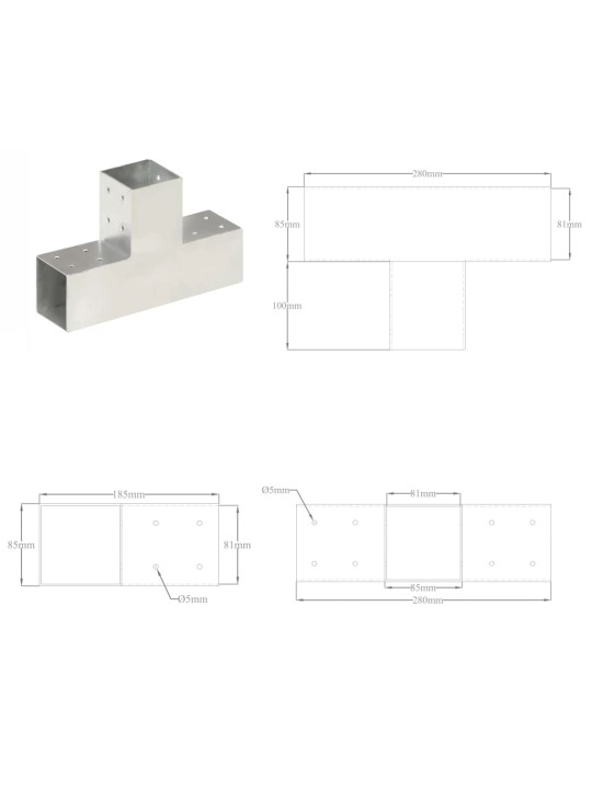 Tolppaliitin T-muoto galvanoitu metalli 81x81 mm