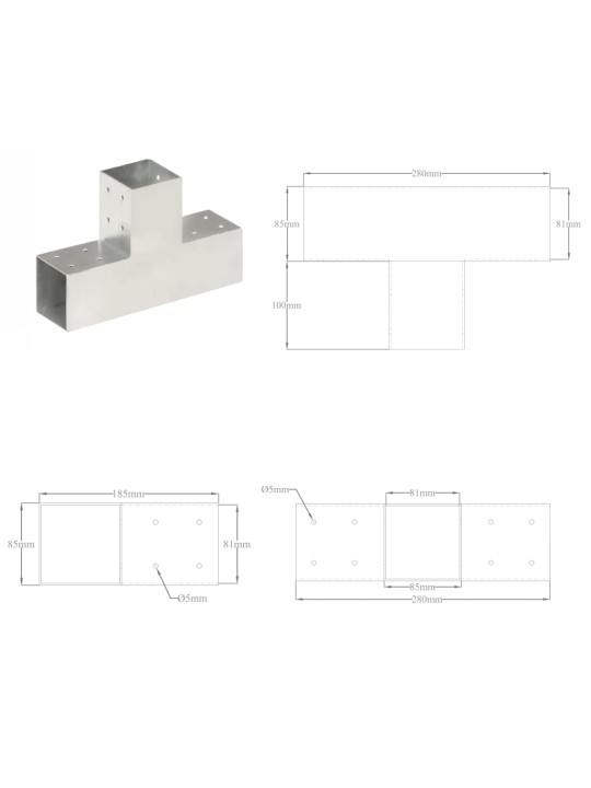 Tolppaliittimet 4 kpl T-muoto galvanoitu metalli 81x81 mm