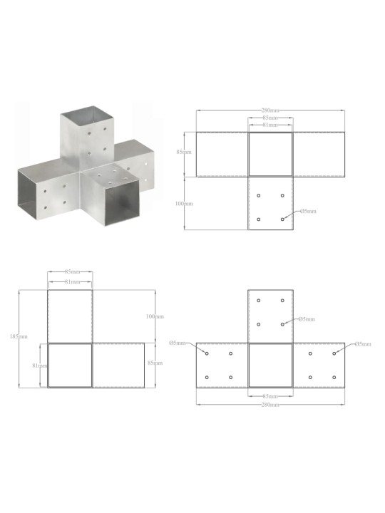 Tolppaliitin X-muoto galvanoitu metalli 81x81 mm