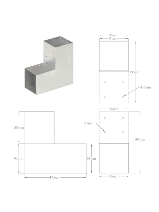 Tolppaliittimet 4 kpl L-muoto galvanoitu metalli 91x91 mm