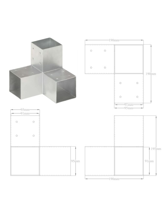 Tolppaliittimet 4 kpl Y-muoto galvanoitu metalli 91x91 mm