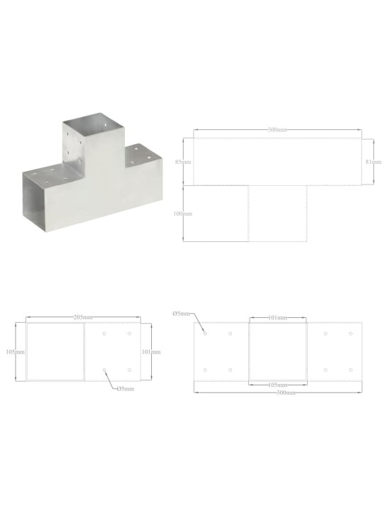 Tolppaliittimet 4 kpl T-muoto galvanoitu metalli 101x101 mm