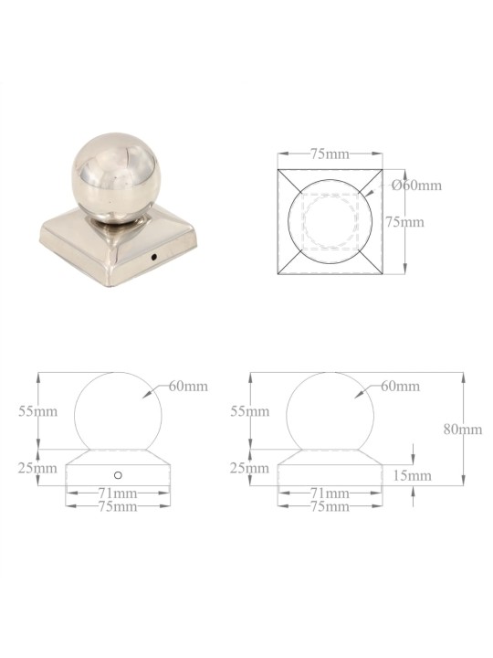 Pallon muotoiset tolpan kärjet 6 kpl ruostumaton teräs 71x71 mm