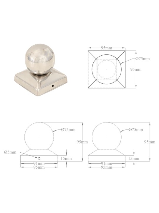 Pallon muotoiset tolpan kärjet 6 kpl ruostumaton teräs 91x91 mm