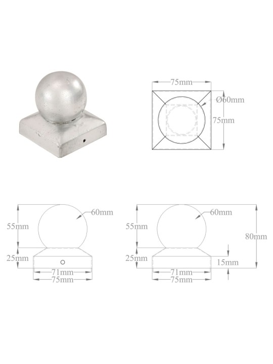 Pallon muotoiset tolpan kärjet 6 kpl galvanoitu metalli 71x71mm