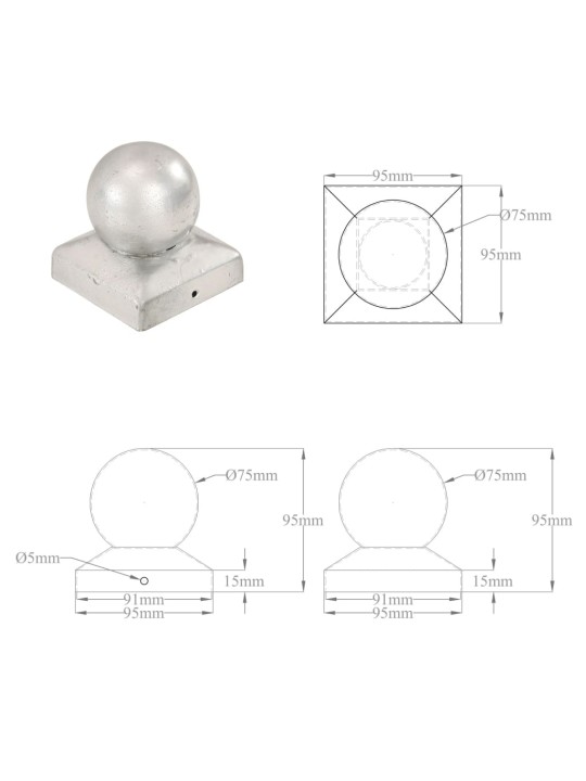 Pallon muotoiset tolpan kärjet 6 kpl galvanoitu metalli 91x91mm