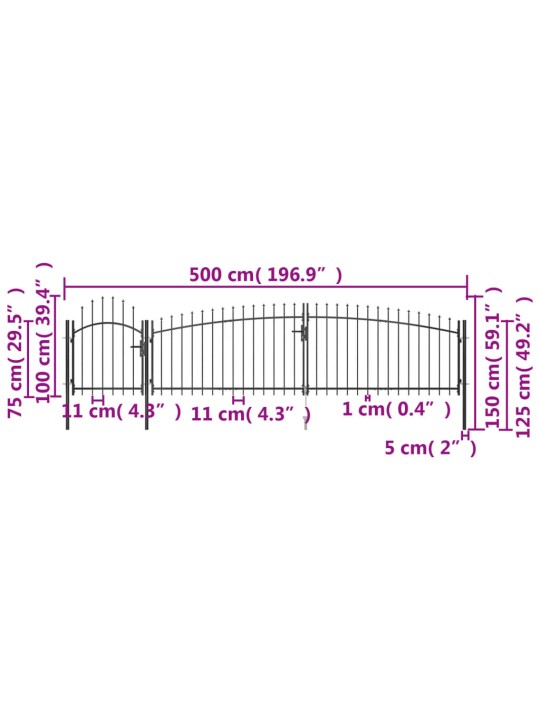 Puutarha-aidan portti keihäskärjillä 5x1,5 m musta