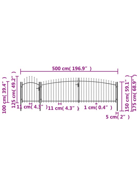 Puutarha-aidan portti keihäskärjillä 5x1,75 m musta