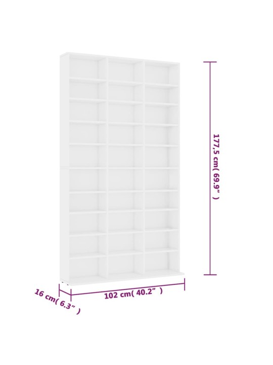 CD-hylly valkoinen 102x16x177,5 cm tekninen puu