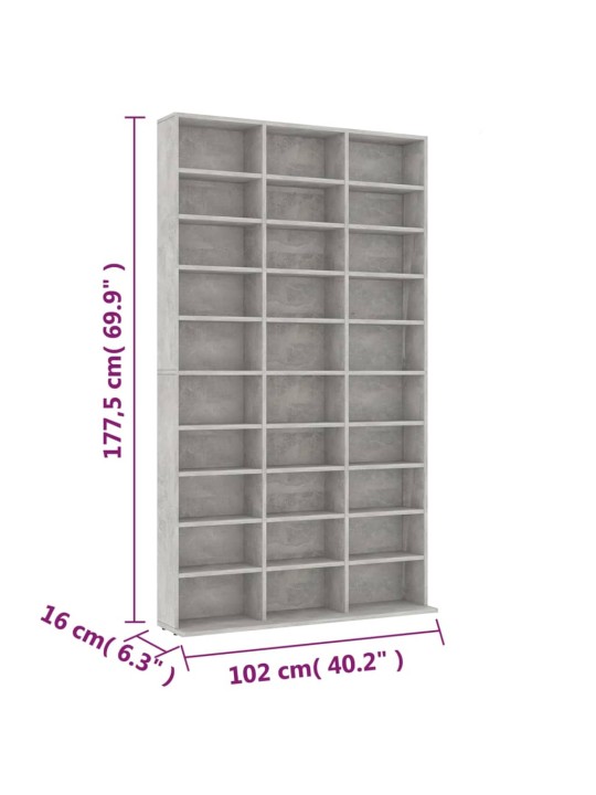 CD-hylly betoninharmaa 102x16x177,5 cm lastulevy