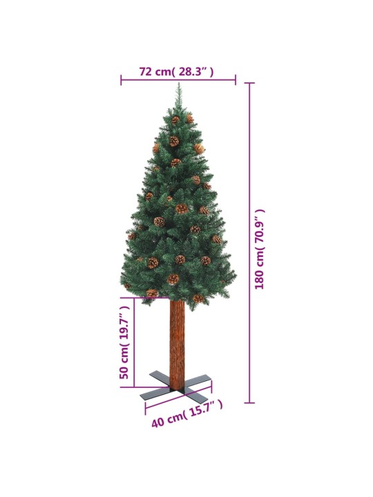 Kapea joulukuusi aidolla puulla ja kävyillä vihreä 180 cm PVC