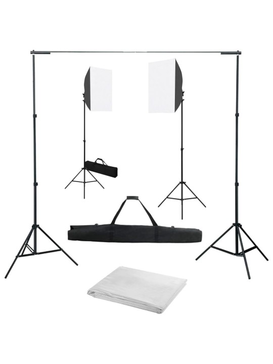 Valokuvastudiosarja softbox-valoilla ja taustakankaalla