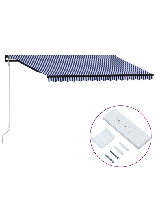 Automaattinen sisäänkelattava markiisi 450x300 cm sininen/valk.