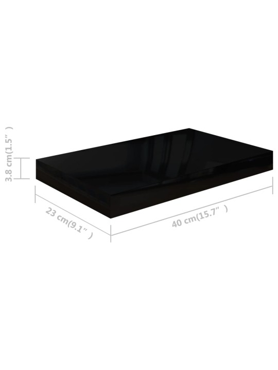 Kelluvat seinähyllyt 2 kpl korkeakiilto musta 40x23x3,8 cm MDF