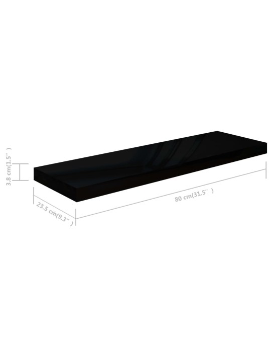 Kelluvat seinähyllyt 2kpl korkeakiilto musta 80x23,5x3,8 cm MDF