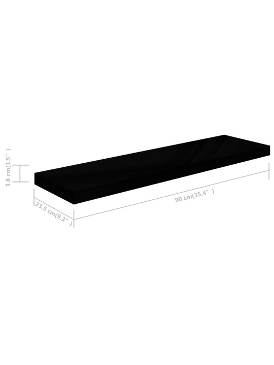 Kelluvat seinähyllyt 2kpl korkeakiilto musta 90x23,5x3,8 cm MDF