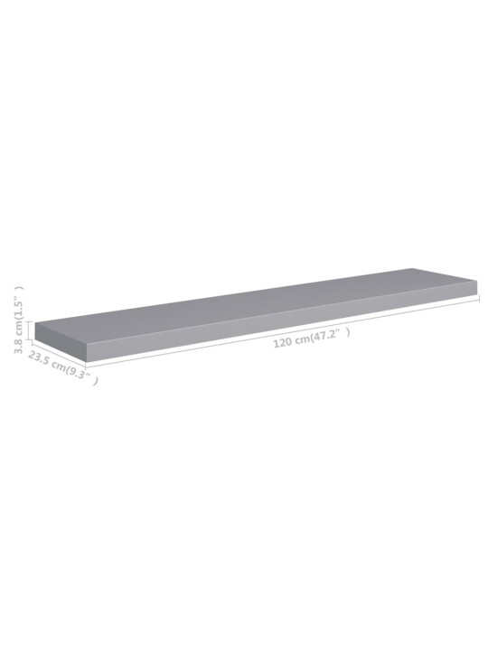 Kelluvat seinähyllyt 2 kpl harmaa 120x23,5x3,8 cm MDF