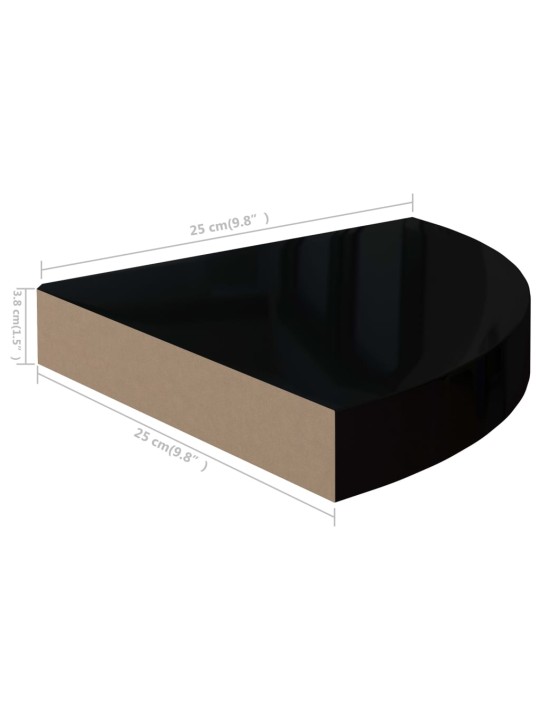 Kelluvat kulmahyllyt 2 kpl korkeakiilto musta 25x25x3,8 cm MDF