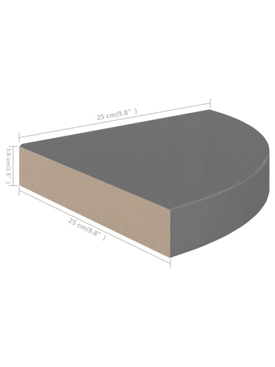 Kelluvat kulmahyllyt 2 kpl korkeakiilto harmaa 25x25x3,8 cm MDF