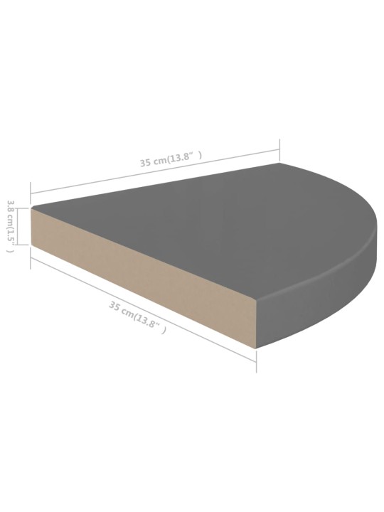 Kelluvat kulmahyllyt 2 kpl korkeakiilto harmaa 35x35x3,8 cm MDF