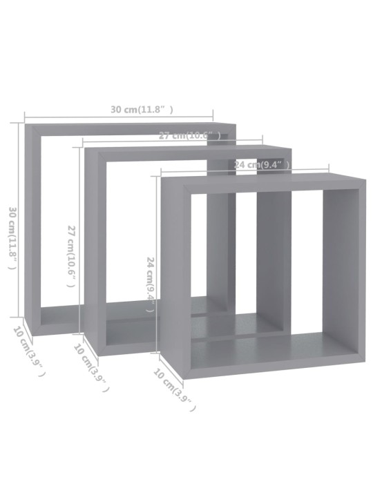 Seinäkuutiohyllyt 3 kpl harmaa MDF