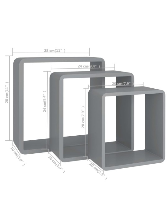 Seinäkuutiohyllyt 3 kpl harmaa MDF