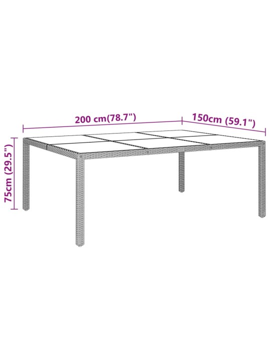 Puutarhapöytä 200x150x75cm karkaistu lasi ja polyrottinki musta