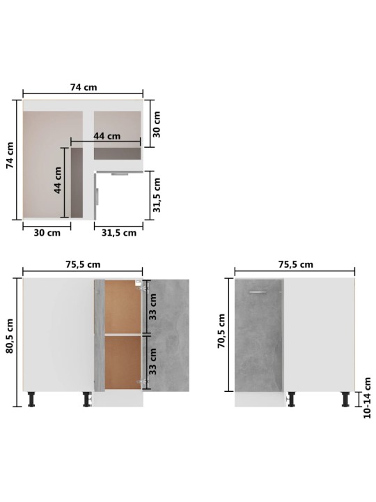 Alakulmakaappi betoninharmaa 75,5x75,5x80,5 cm lastulevy