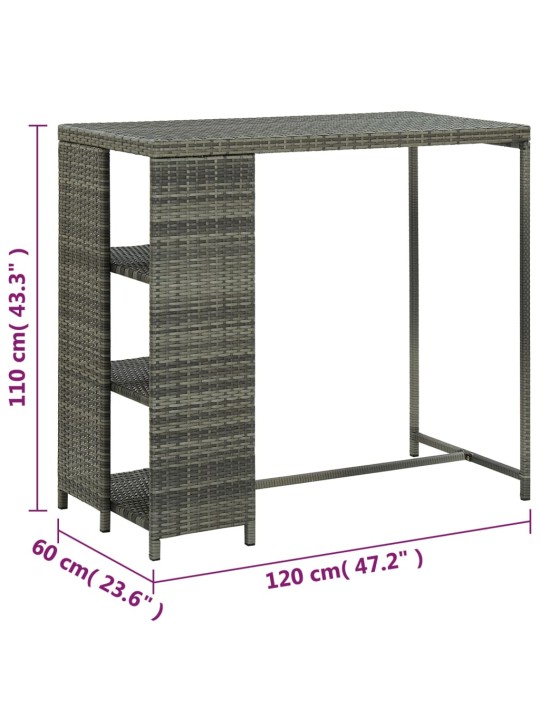 Baaripöytä säilytystelineellä harmaa 120x60x110 cm polyrottinki