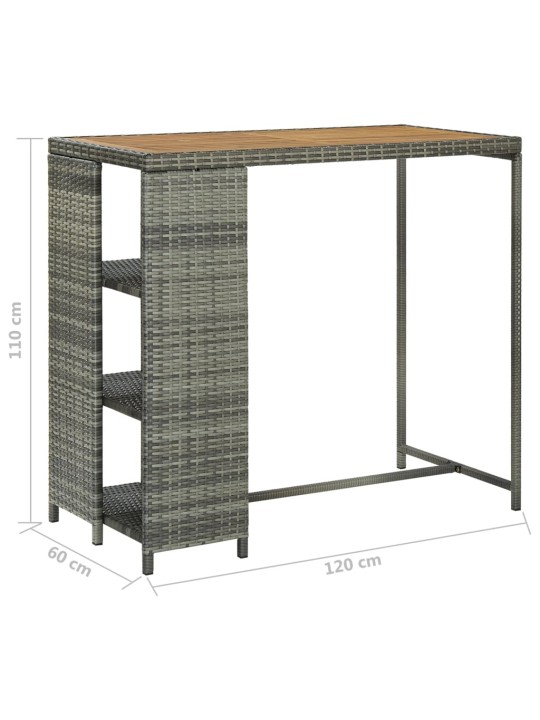 Baaripöytä säilytystelineellä harmaa 120x60x110 cm polyrottinki