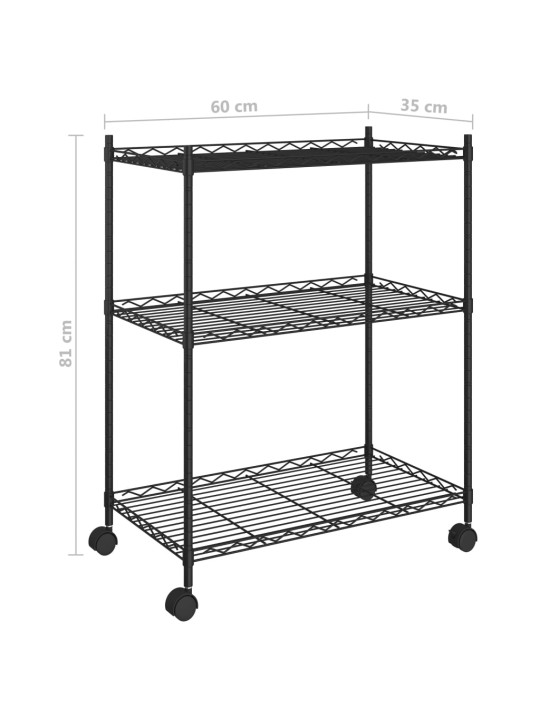 3-kerroksinen varastohylly pyörillä 60x35x81 cm musta 150 kg