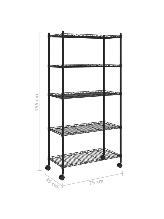 5-kerroksinen varastohylly pyörillä 75x35x155 cm musta 250 kg