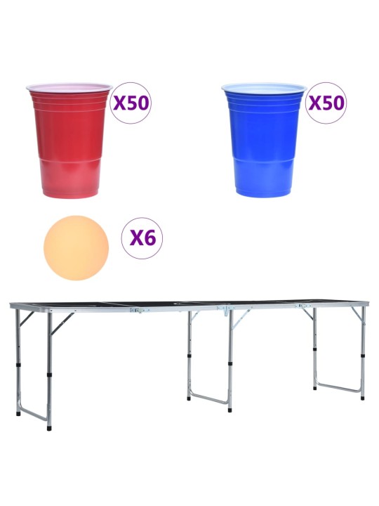 Kokoontaittuva Beer Pong-pöytä mukeilla ja palloilla 240 cm