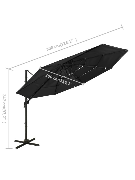 4-tasoinen aurinkovarjo alumiinitanko musta 3x3 m