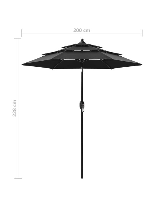3-tasoinen aurinkovarjo alumiinitanko musta 2 m