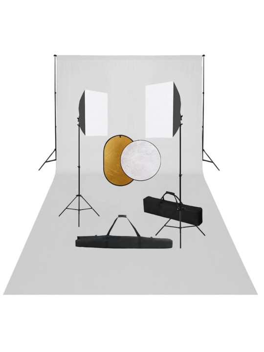 Valokuvastudiosarja softbox-valot, taustakangas ja heijastin