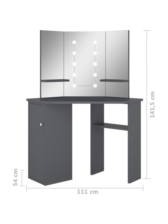 Meikkipöytä kulmaan LED-valoilla harmaa 111x54x141,5 cm