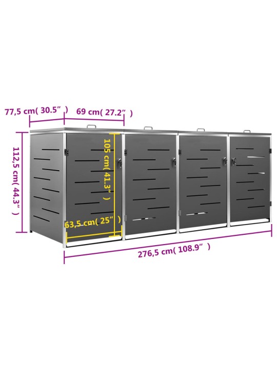 Neljän roska-astian vaja 276,5x77,5x112,5 cm ruostumaton teräs