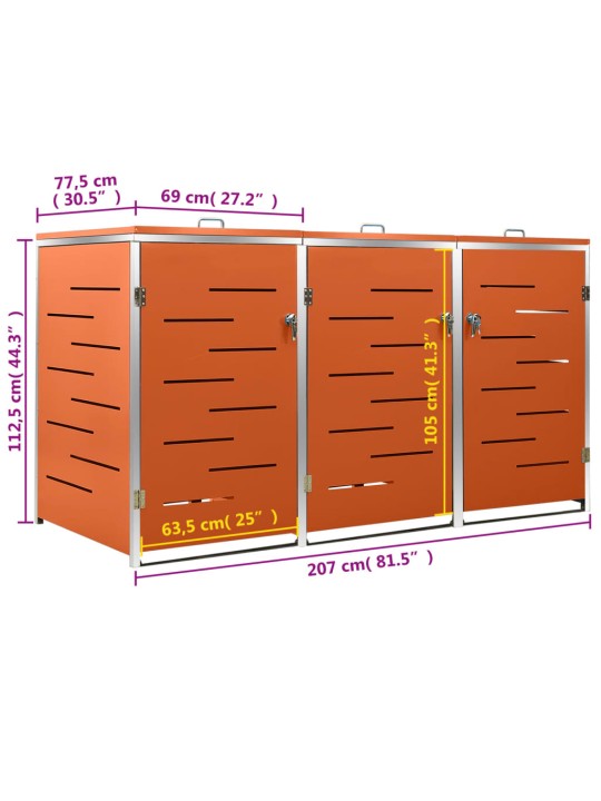 Kolmen roska-astian vaja 207x77,5x112,5 cm ruostumaton teräs