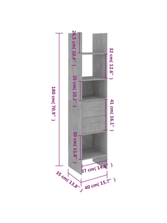 Kirjahylly betoninharmaa 40x35x180 cm lastulevy