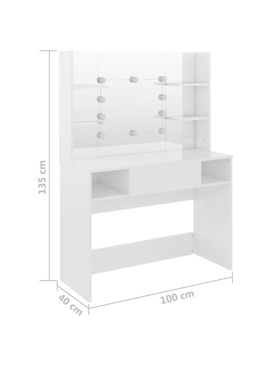 Meikkipöytä LED-valoilla 100x40x135 cm MDF kiiltävä valkoinen