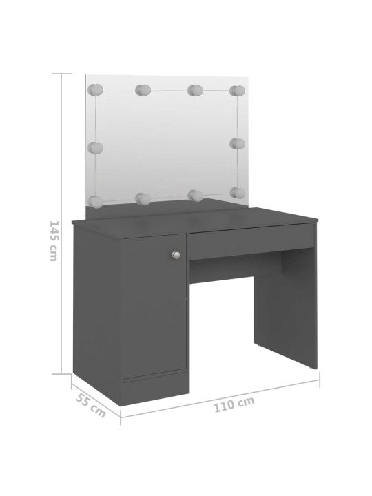 Meikkipöytä LED-valoilla 110x55x145 cm MDF harmaa