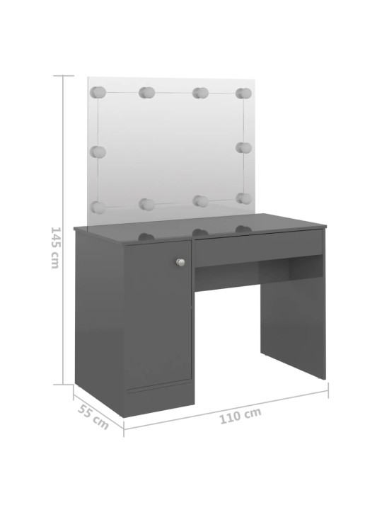 Meikkipöytä led-valoilla 110x55x145 cm mdf kiiltävä harmaa