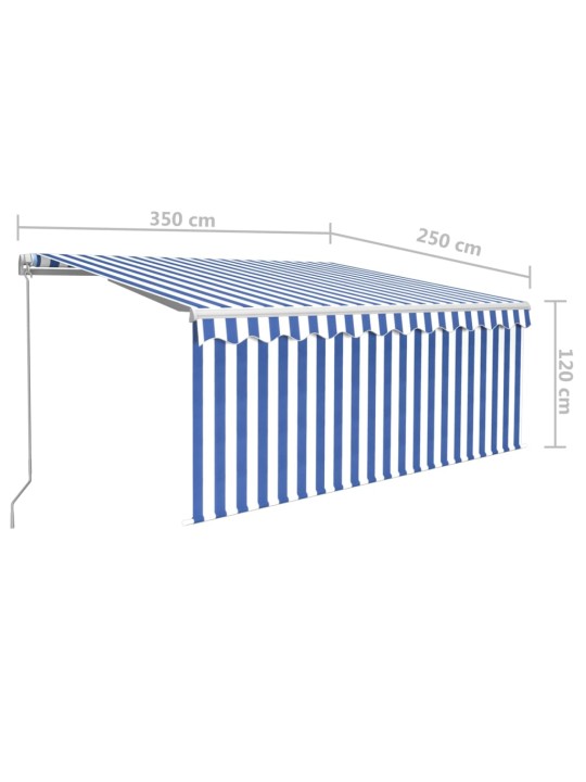 Käsin sisäänkelattava markiisi verho/led 3,5x2,5 m sinivalk.