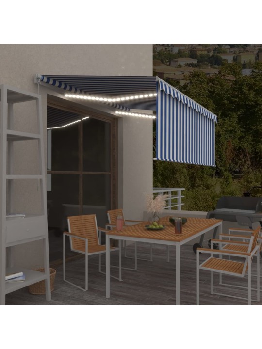 Käsin sisäänkelattava markiisi verho/led 3,5x2,5 m sinivalk.